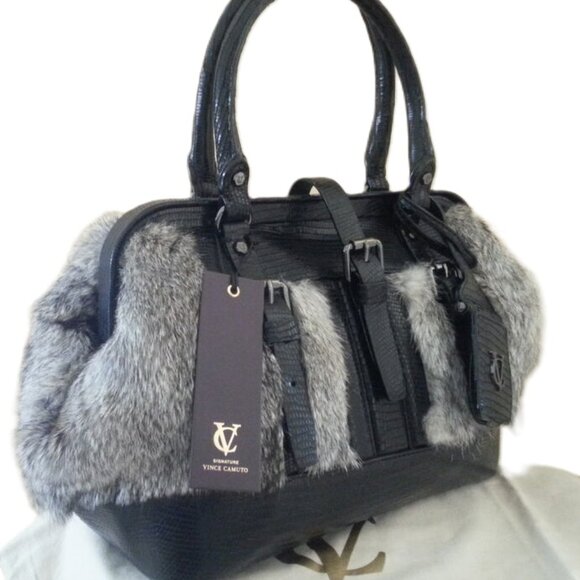 Vince Camuto VC Signature Liz Satchel Leather & Rabbit Fur Handbag NWT $498.00 - Picture 2 of 8